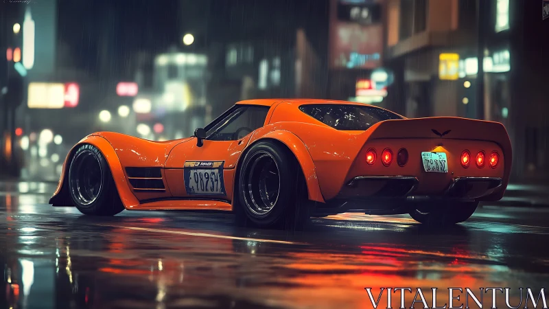 Low-slung orange sports coupe under neon-lit rain with specular reflections