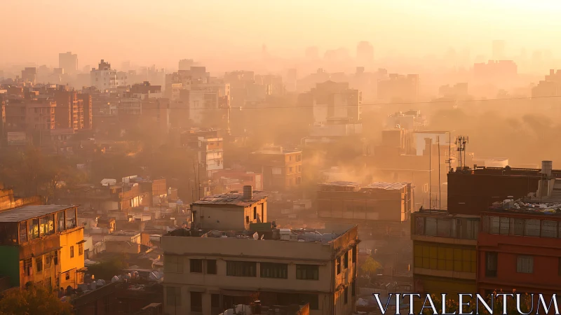 Urban skyline dissolves into golden atmospheric haze at sunrise