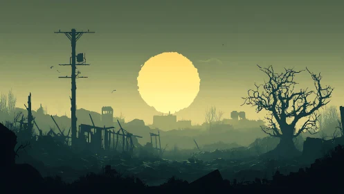 Post-apocalyptic ruins glow under a vast toxic sun.
