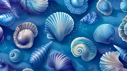 Blue marine seashell pattern with detailed digital textures.