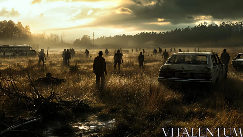Figures crossing abandoned field with wrecked cars at dusk.