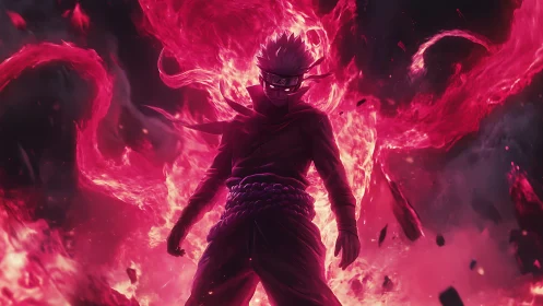 Anime warrior stands in swirling red energy flames