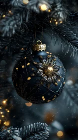 Macro study of matte black ornament with gold floral filigree.