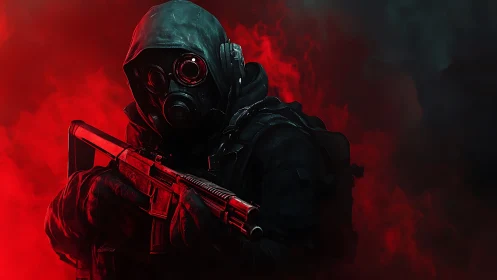 Masked soldier stands in red smoke with tactical shotgun.