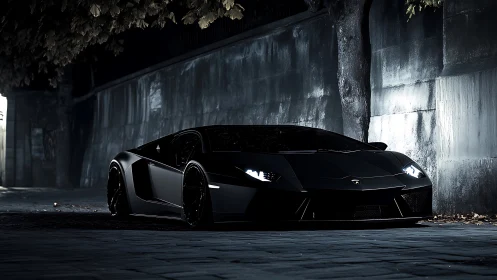 Stealth black supercar poised beneath moody urban streetlight.