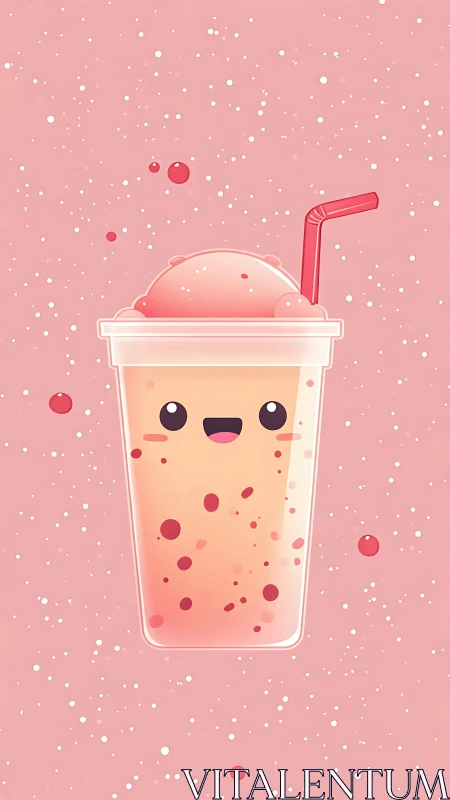Smiling pink smoothie cup with straw on speckled background
