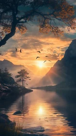 Golden lake sunrise with drifting birds and quiet pines.