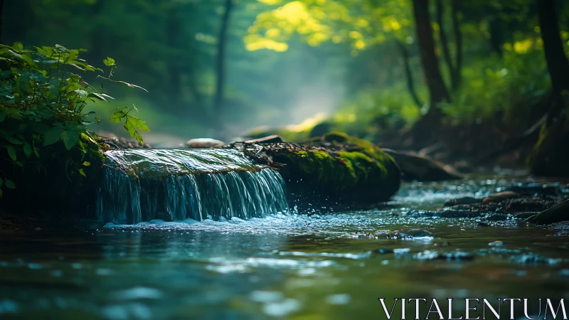 Forest Stream Waterfall in Dappled Sunlight.