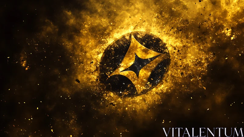 Radiant golden emblem exploding through cosmic dust field.