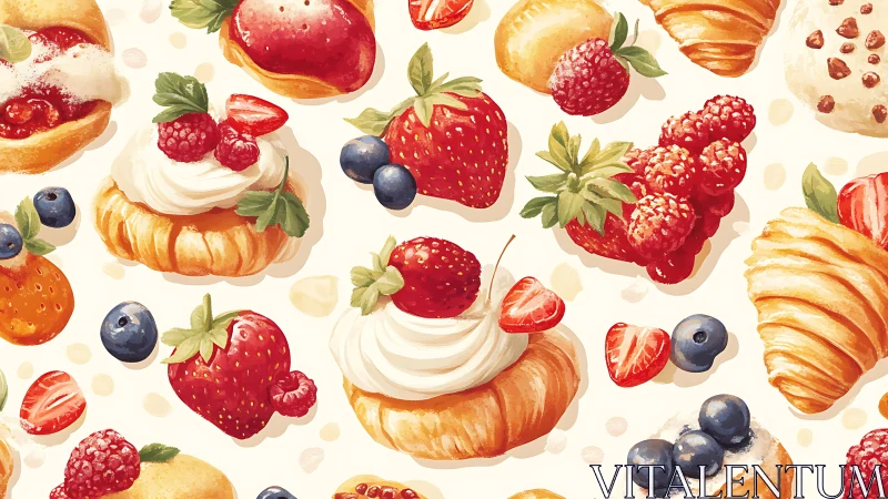 Patterned pastry arrangement with glossy berries and whipped cream