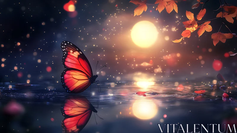 Glowing butterfly over moonlit water in autumn dusk.