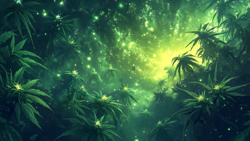 Bioluminescent jungle canopy radiates emerald stellar light