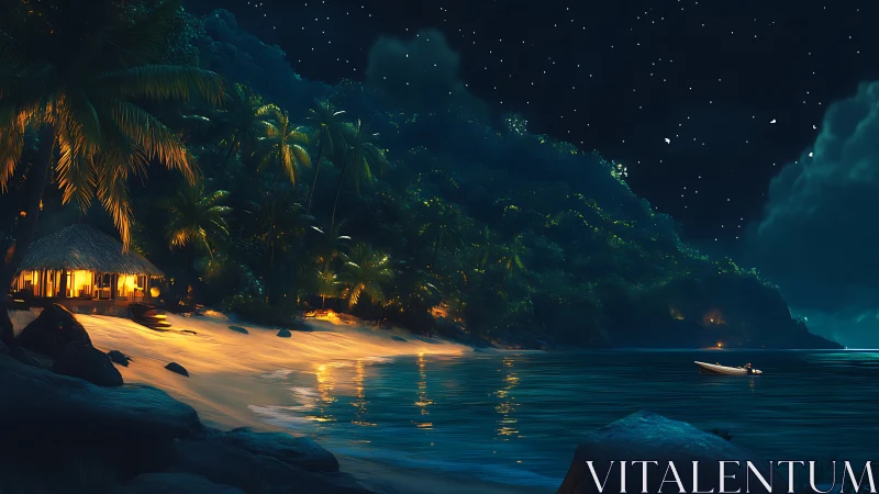 Nocturnal Tropical Beach with Bioluminescent Coastal Lighting