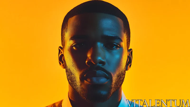 Portrait under teal rim light against vivid orange backdrop.