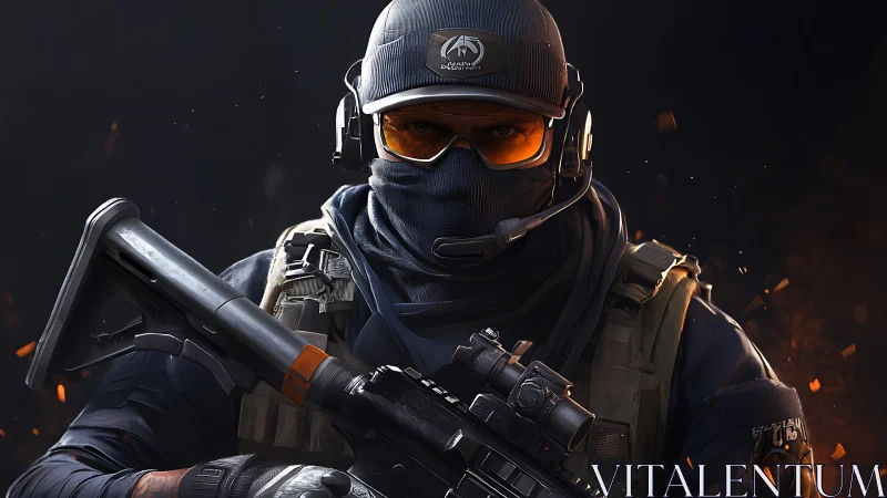 Calm tactical soldier stands ready in glowing embers of action