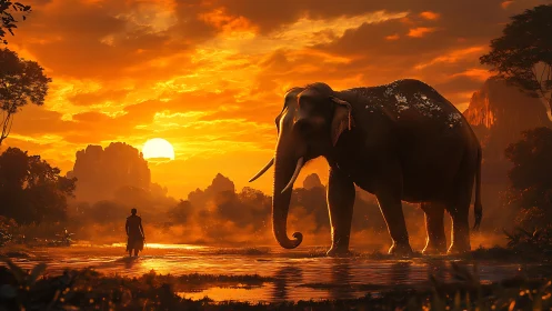 Gentle elephant and quiet wanderer in glowing sunset peace.