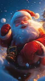 Joyful Santa portrait in glowing snow-lit winter night.