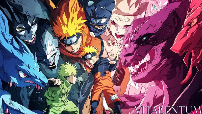 Anime key art with central hero and encircling beast silhouettes.