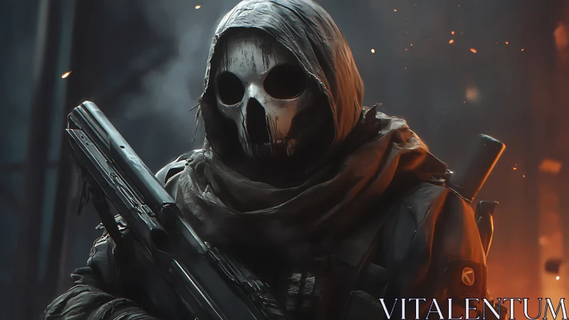 Hooded skull-masked soldier in burning urban ruins.