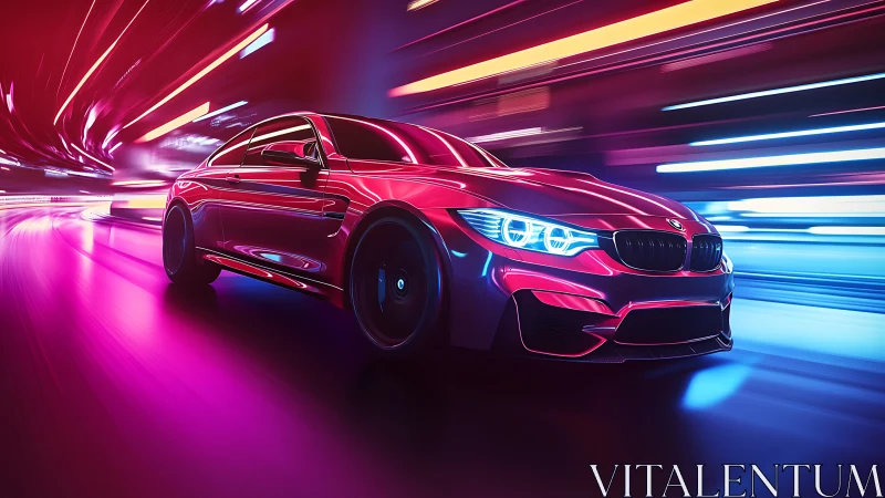 Sleek sports coupe races through neon soaked futuristic tunnel