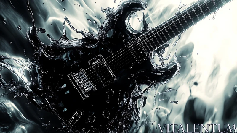 Electric guitar rendered in dynamic liquid metal splash scene