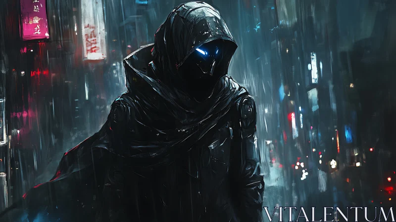 Hooded cybernetic figure in rain soaked nocturnal cityscape.