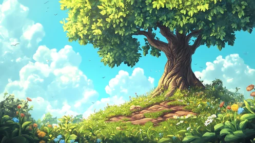 Majestic oak crowns sunlit hilltop under vibrant summer sky