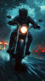 Motorcyclist races through stormy city street at night.