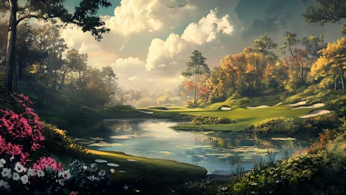 Idyllic lakeside fairway rendered in luminous digital painting