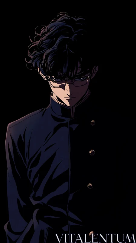 Male student in dark uniform against black backdrop.