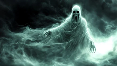 Spectral wraith rising from swirling emerald mist clouds.