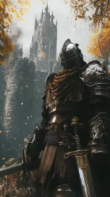 Armored knight confronts looming gothic fortress in autumn light.