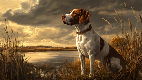 Brown and white hunting dog beside reflective marshland pond.
