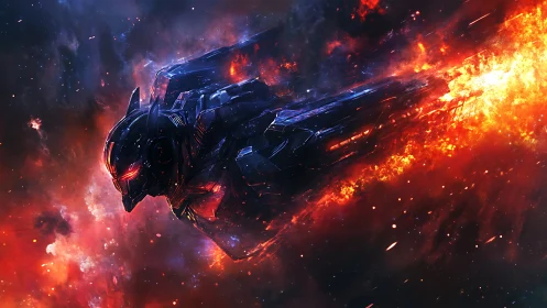 Armored cybernetic starfighter bursts through cosmic fire.
