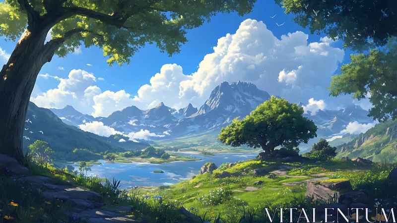 Expansive mountain valley rendered with high-detail atmospheric depth