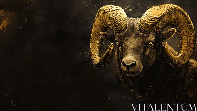 Golden horned ram portrait on dark textured background.