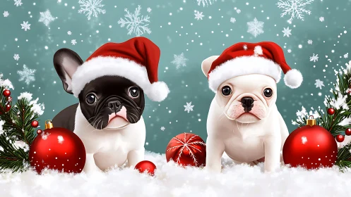 French bulldog puppies celebrate Christmas in festive snow.
