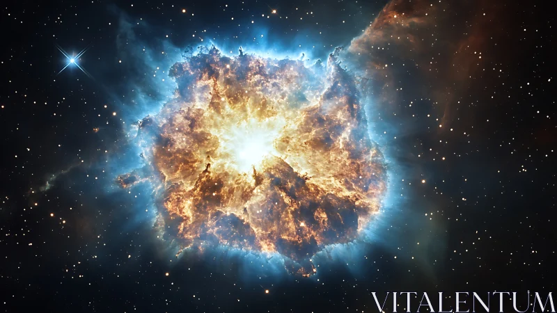 Stellar nebula eruption with glowing blue ionized halo.