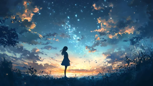 Girl silhouetted at twilight beneath a cascading starry sky.