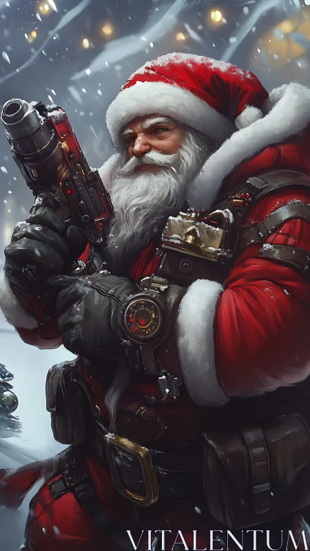 Heavily armed tactical Santa Claus holds sci fi weapon in snow