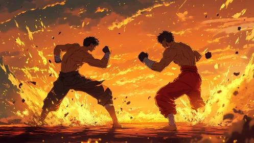 Martial artists clash amid blazing sunset and flying embers.