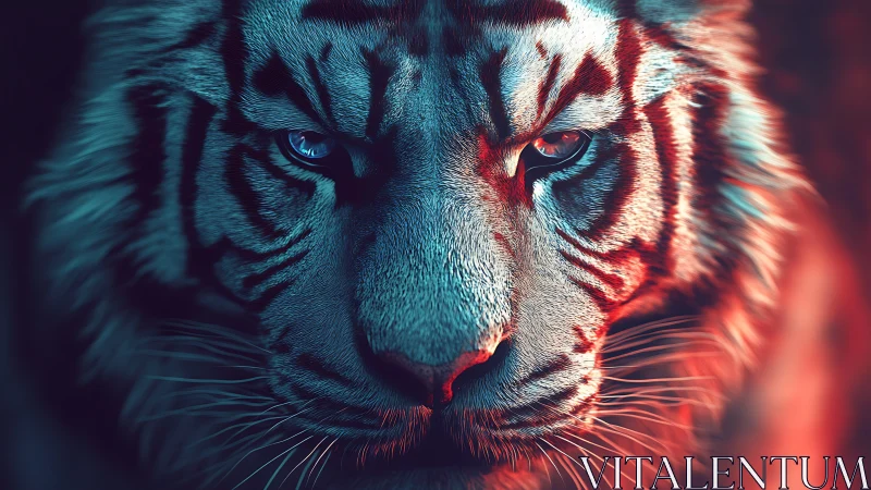 Neon-lit tiger portrait with intense dual-color lighting.