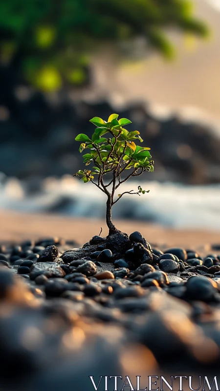 Tiny coastal sapling stands resilient among wet pebbles.