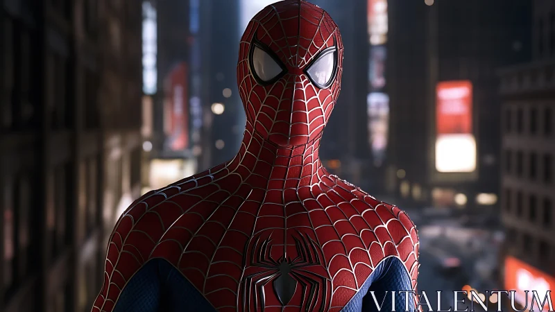 Midnight web-suited vigilante above neon city glow.