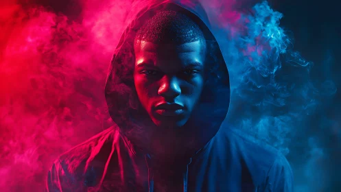 Hooded portrait divides neon red and blue smoke haze