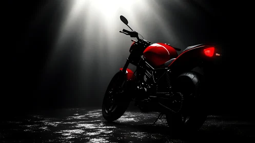 Backlit red sport motorcycle under dramatic volumetric spotlight