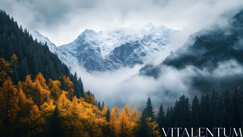Autumn conifer forest contrasts with misted, snow-textured alpine ridge
