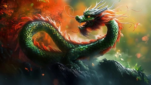 Serpentine dragon coils in luminous forest firelight haze