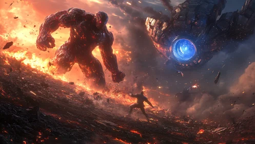 Colossal lava titan confronting lone warrior in inferno.