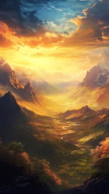 Radiant valley sunrise floods dramatic mountain pass